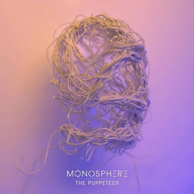 Monosphere - "The Puppeteer" cover image (An abstract face build of white cables on a pink background)