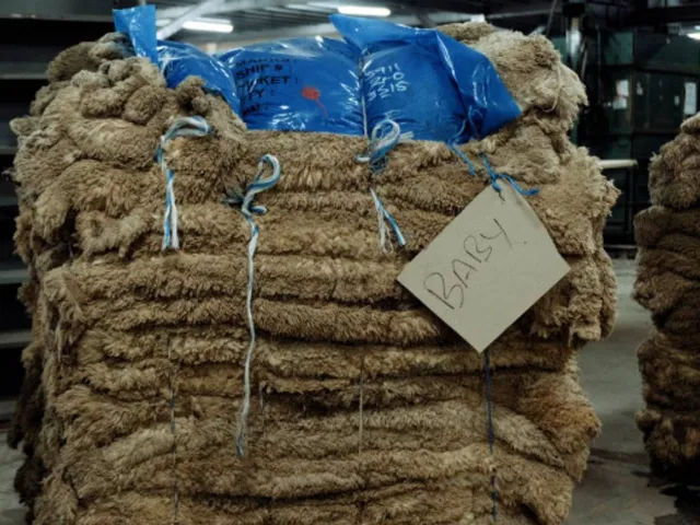 Ein hoher Stapel gebündelte Lammfelle mit einem Zettel auf dem "Baby" steht.
